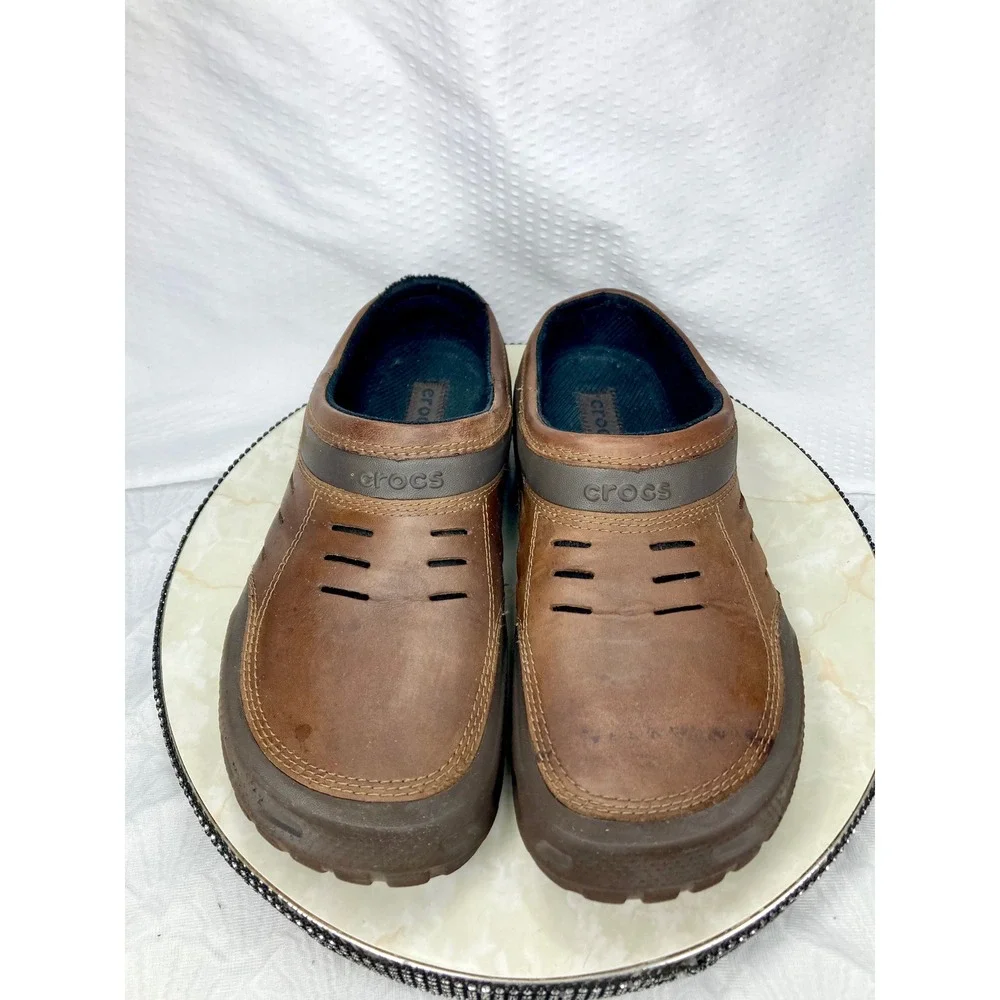 Crocs Leather Yukon Sport Clog Men 13 Brown Comfort Rugged Slip On Outdoor Mules